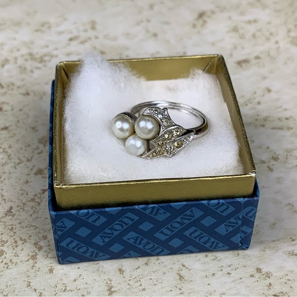 Avon Jewelry - Vintage 70s Avon Evening Splendor Silver Ring Faux Pearl Rhinestone Adjustable